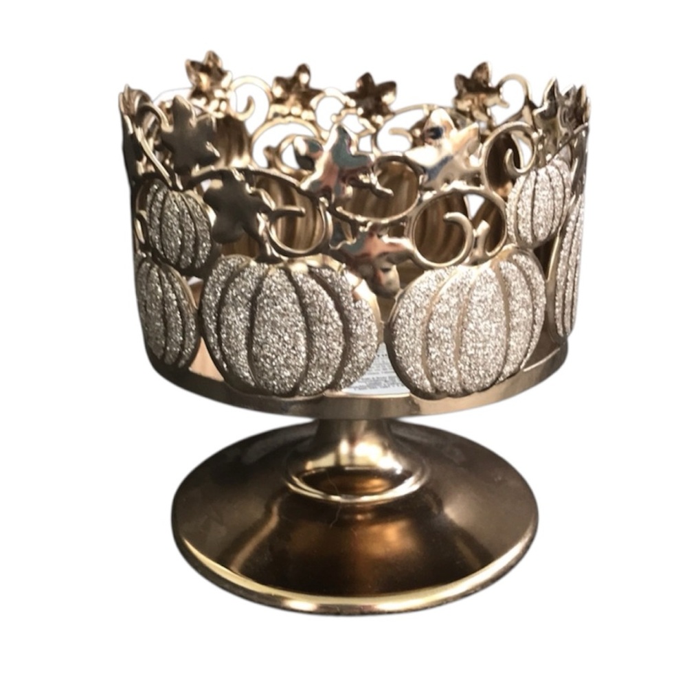 Bath & Body Works Gold Glittery Pumpkin 3-wick Pedestal Candle Holder Stand NWT
